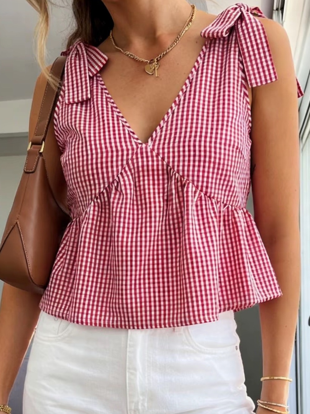 Red Gingham V-Neck Peplum Tank Top